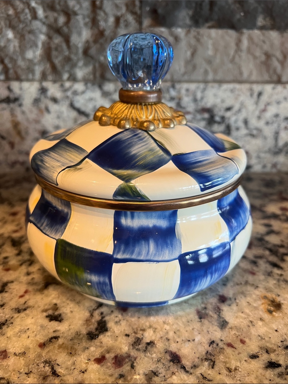 Mackenzie-Childs Royal Check Squashed Pot. EUC. 💙🤍